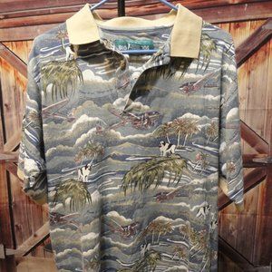 Big Dogs Island Airplane Vintage theme Polo~Graphics~EUC~Funky look
